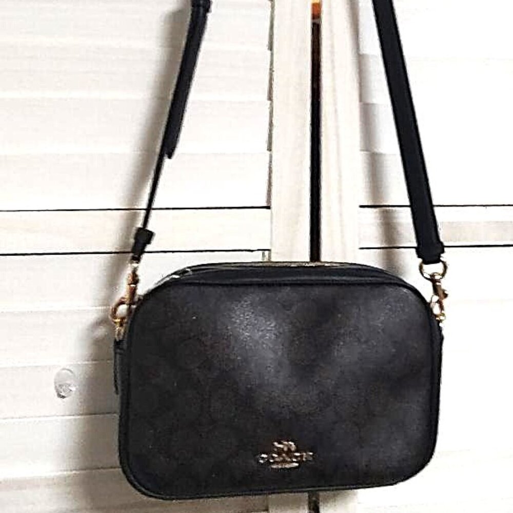 Coach Signature Jes Crossbody Camera Bag Canvas & Leather Double Zip Brown/Black